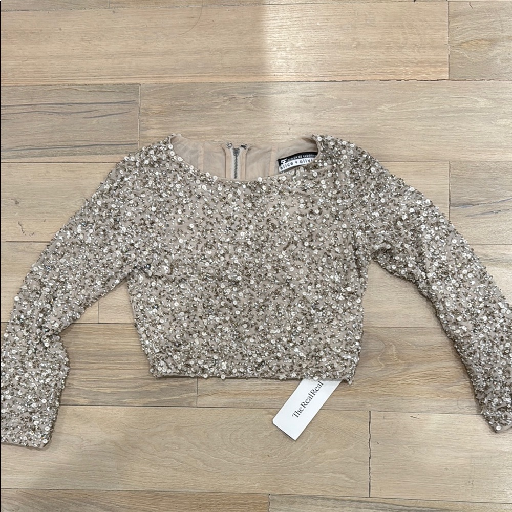 Alice + Olivia Sequin Crop Top in Champagne Beige